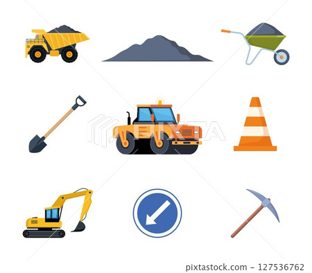 Road repair set. Tools and equipment for road works. Road signs, paver, road, restrictive cone, theodolite, excavator, trolley, shovel, asphalt. Vector illustrations. 127536762