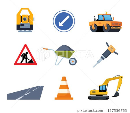 Road repair set. Tools and equipment for road works. Road signs, paver, road, restrictive cone, theodolite, excavator, trolley, shovel, asphalt. Vector illustrations. Road repair set. Tools and equipment for road works. Road signs, paver, road, restrictive cone, theodolite, excavator, trolley, shovel, asphalt. Vector illustrations. 127536763