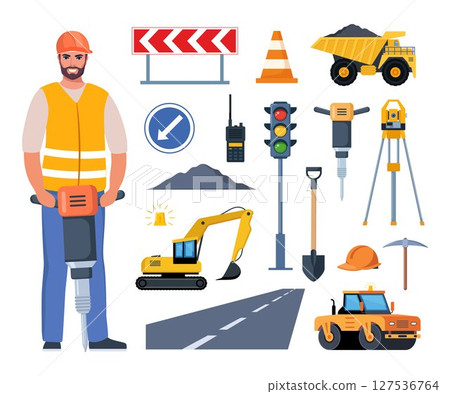 Road repair set. Tools and equipment for road works. Road signs, paver, road, restrictive cone, theodolite, excavator, trolley, shovel, asphalt. Road worker, engineer. Vector illustrations. 127536764