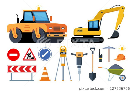 Road repair set. Tools and equipment for road works. Road signs, paver, road, restrictive cone, theodolite, excavator, trolley, shovel, asphalt. Road worker, engineer. Vector illustrations. 127536766