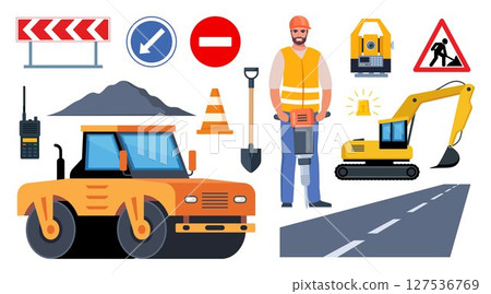 Road repair set. Tools and equipment for road works. Road signs, paver, road, restrictive cone, theodolite, excavator, trolley, shovel, asphalt. Road worker, engineer. Vector illustrations. Road repair set. Tools and equipment for road works. Road signs, paver, road, restrictive cone, theodolite, excavator, trolley, shovel, asphalt. Road worker, engineer. Vector illustrations. 127536769