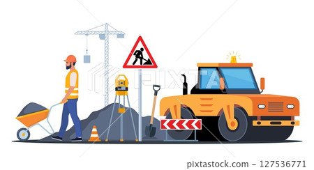 Road repair composition consisting of heavy equipment, road signs and people performing geodetic and road works. Vector illustration. 127536771
