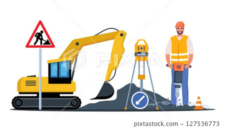 Road repair composition consisting of heavy equipment, road signs and people performing geodetic and road works. Vector illustration. 127536773