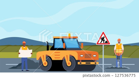 Road repair composition consisting of heavy equipment, road signs and people performing geodetic and road works. Vector illustration. 127536775