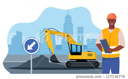 Road repair composition consisting of heavy equipment, road signs and people performing geodetic and road works. Vector illustration. 127536776