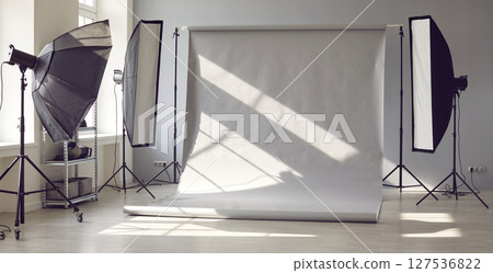 Photographer's workplace with grey background and professional lighting equipment Photographer's workplace with grey background and professional lighting equipment 127536822