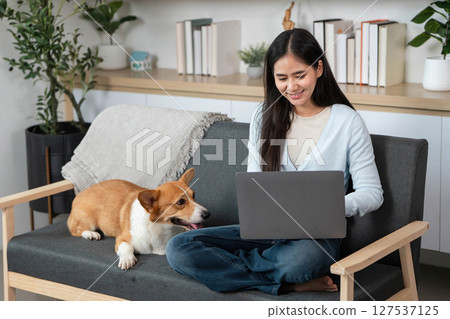 Home Office and Pet Bonding. Smiling woman working on laptop with her corgi dog nearby. 127537125