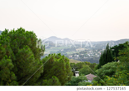 Peaceful countryside with mountains, greenery, and a tranquil atmosphere 127537165