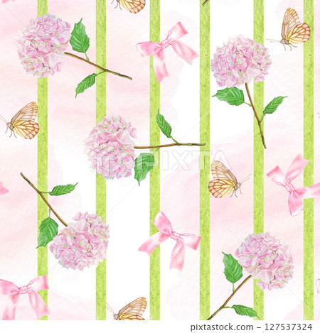 Striped seamless pattern of hand drawn watercolor pink hydrangea, pink bow, brown butterfly. Striped seamless pattern of hand drawn watercolor pink hydrangea, pink bow, brown butterfly. 127537324