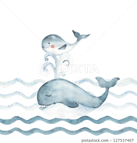 Blue whales family swimming in Ocean waves Seamless border pattern. Hand drawn illustration for kids wallpaper or nautical designs 127537407