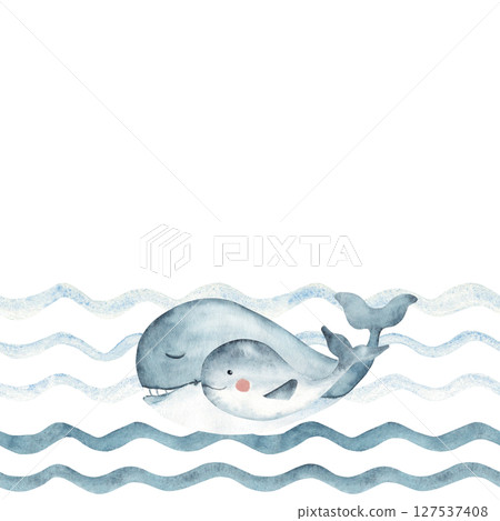 Marine kids seamless border pattern with blue Whales family, adult and child swimming in Ocean waves. Hand drawn illustration for kids wallpaper or nautical designs. Marine kids seamless border pattern with blue Whales family, adult and child swimming in Ocean waves. Hand drawn illustration for kids wallpaper or nautical designs. 127537408