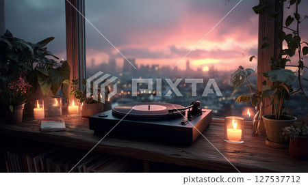 Lo-fi vibes and cloudy horizon from a tranquil windowsill retreat 127537712