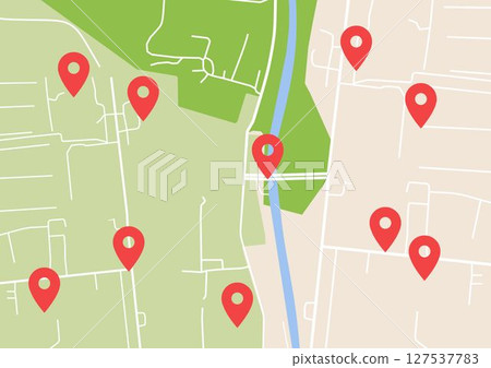 3D Isometric map with destination location points, Blank urban imagination map, GPS map navigator concept, vector illustration. Pastel colors. Streets, grass and river. 3D Isometric map with destination location points, Blank urban imagination map, GPS map navigator concept, vector illustration. Pastel colors. Streets, grass and river. 127537783