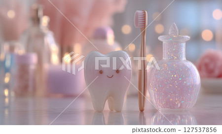 Dental illustration, aesthetics of elegant and positive dental design, children's fairy tales, tooth fairy for kids 127537856