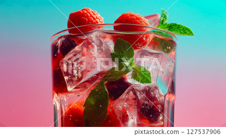 Closeup of berry drink with large ice cubes fresh mint leaves and raspberries against pastel blue pink background captures vibrant chilled refreshment in modern fruity summer concept Closeup of berry drink with large ice cubes fresh mint leaves and raspberries against pastel blue pink background captures vibrant chilled refreshment in modern fruity summer concept 127537906
