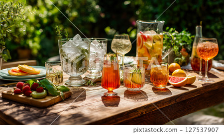Refreshing summer drinks with citrus fruits, herbs and ice on wooden garden table with natural light. Glass pitcher of sangria and fruit garnishes create laid-back and stylish seasonal drink concept Refreshing summer drinks with citrus fruits, herbs and ice on wooden garden table with natural light. Glass pitcher of sangria and fruit garnishes create laid-back and stylish seasonal drink concept 127537907