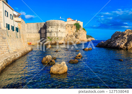 View of Fort Bokar, the city's ancient walls and the West Harbor in Dubrovnik, Croatia View of Fort Bokar, the city's ancient walls and the West Harbor in Dubrovnik, Croatia 127538048