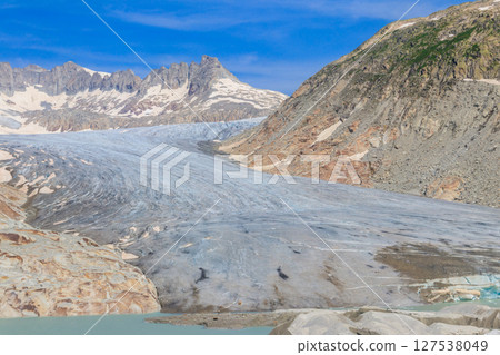 The Rhone Glacier, the source of the Rhone River at Furka Pass in the Swiss Alps in canton of Valais, Switzerland The Rhone Glacier, the source of the Rhone River at Furka Pass in the Swiss Alps in canton of Valais, Switzerland 127538049