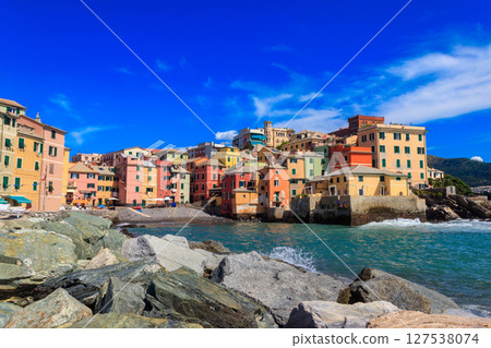 Picturesque view of beach, blue sea and colorful buildings of Boccadasse, old fishing village, in Genoa, Italy 127538074