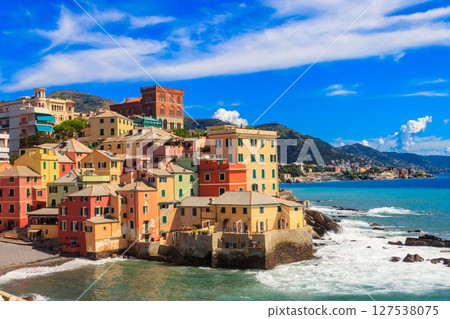 Picturesque view of beach, blue sea and colorful buildings of Boccadasse, old fishing village, in Genoa, Italy 127538075