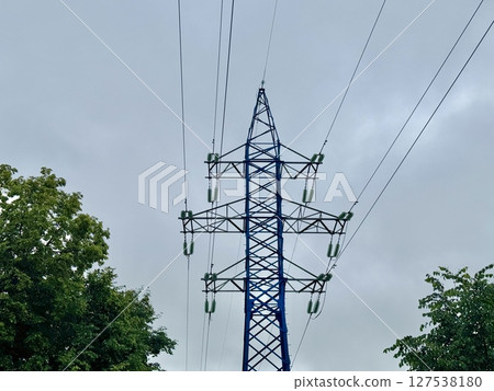 Power line on a blue sky background. High quality photo Power line on a blue sky background. High quality photo 127538180