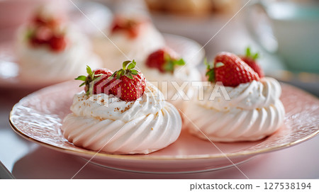 delicious whipped cream dessert meringue with strawberries delicious whipped cream dessert meringue with strawberries 127538194