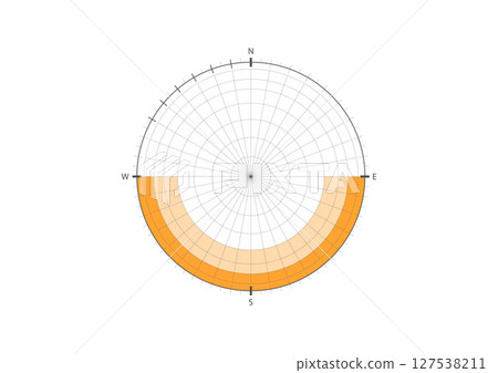 Sun path diagram for architectural planning, showing solar movement and orientation for daylight strategy and energy-efficient design. 127538211