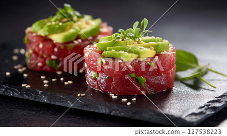 tuna tartare with avocado at a restaurant for lunch 127538223