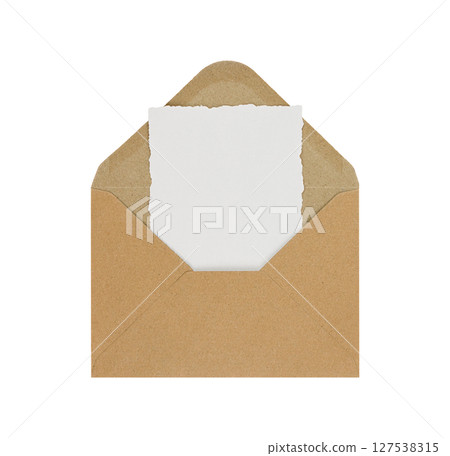 Envelope. Kraft paper with blank card isolated on white background. Copy space. Stock photo. 127538315