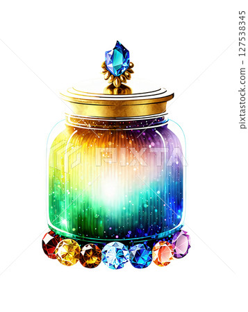 Luxurious multicolored glass jar with a gemstone design, set against a backdrop of sparkling jewels and soft lighting Luxurious multicolored glass jar with a gemstone design, set against a backdrop of sparkling jewels and soft lighting 127538345