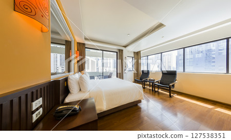 Hotel room overlooking the skyscrapers in downtown Bangkok, Thailand 127538351