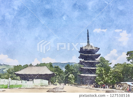 Midsummer view of the five-story pagoda at Kofuku-ji Temple, a national treasure in Nara (AI-generated watercolor-style image from original image) Midsummer view of the five-story pagoda at Kofuku-ji Temple, a national treasure in Nara (AI-generated watercolor-style image from original image) 127538516