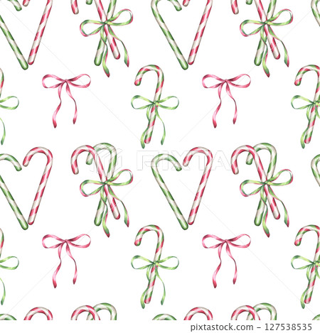 Watercolor Candy cane seamless pattern. Peppermint stick with red green ribbon and bow. Traditional treat for Christmas and New Year's Eve for kids. Hand drawn illustration isolated white background Watercolor Candy cane seamless pattern. Peppermint stick with red green ribbon and bow. Traditional treat for Christmas and New Year's Eve for kids. Hand drawn illustration isolated white background 127538535