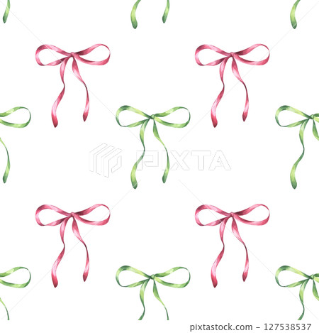 Watercolor green red bow seamless pattern. Decorative silk ribbon burgundy accessory for Christmas, girls hair, valentine's day. Hand drawn watercolor illustration isolated on white background Watercolor green red bow seamless pattern. Decorative silk ribbon burgundy accessory for Christmas, girls hair, valentine's day. Hand drawn watercolor illustration isolated on white background 127538537