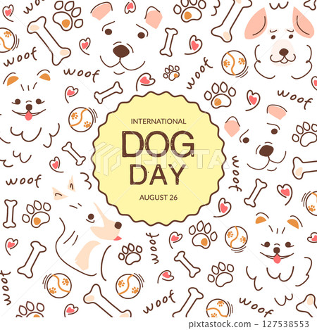 Poster template with dog silhouettes, bones, and animal toys, with a frame and space for text. Square design with cute dog silhouettes for International Dog Day. Graphic design for greeting cards. Poster template with dog silhouettes, bones, and animal toys, with a frame and space for text. Square design with cute dog silhouettes for International Dog Day. Graphic design for greeting cards. 127538553
