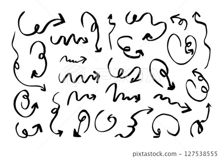 A collection of elegant arrows, hand-drawn in black marker, with curved lines and wavy pointers. Calligraphic zigzag arrows in vector for ornaments, infographics, gliders and school materials. A collection of elegant arrows, hand-drawn in black marker, with curved lines and wavy pointers. Calligraphic zigzag arrows in vector for ornaments, infographics, gliders and school materials. 127538555