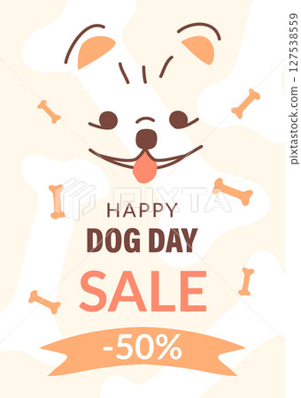 The design of the booklet with the image of the Pomeranian Pomeranian, dedicated to the International Dog Day. A poster with a picture of a cheerful dog, a banner with text, a sale of pet supplies. 127538559