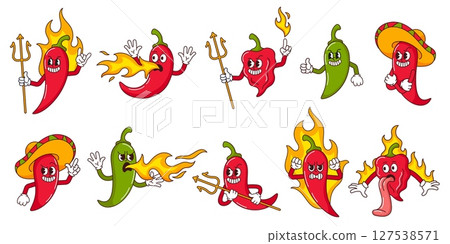 Evil hot pepper characters. Burning hot sauce mascots, flaming peppers, devil chili and Mexican villain. Fire breathing red dragon, spicy scorpion and tabasco retro 1930s vector set 127538571