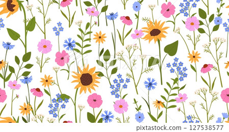 Spring flower seamless pattern. Floral texture with blooming sunflowers, daisies and field flowers and greenery leaves, nature decorative background vector illustration Spring flower seamless pattern. Floral texture with blooming sunflowers, daisies and field flowers and greenery leaves, nature decorative background vector illustration 127538577