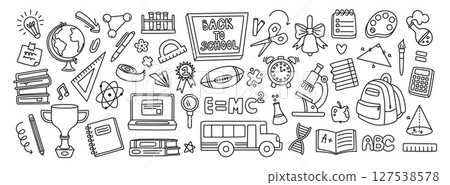 Back to school doodle. Hand drawn school supplies, student essentials, classroom and science icons, academic and learning elements. Line art education illustrations vector set 127538578
