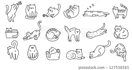 Doodle cats. Cute kitten, hand drawn linear cat characters in various poses sitting, sleeping, playing and jumping. Pet animal line art isolated vector illustration set Doodle cats. Cute kitten, hand drawn linear cat characters in various poses sitting, sleeping, playing and jumping. Pet animal line art isolated vector illustration set 127538583