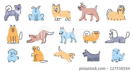 Doodle dogs. Cute hand drawn puppy, playful dog characters in various breeds and different poses for pet themed designs. Isolated animals vector illustration set 127538584