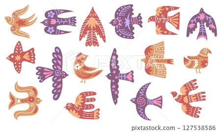 Birds with folk ornaments. Scandinavian dove silhouettes decorated with flowers, branches and abstract patterns. Flying swallow bird floral designs, decorative botanical style vector illustration set Birds with folk ornaments. Scandinavian dove silhouettes decorated with flowers, branches and abstract patterns. Flying swallow bird floral designs, decorative botanical style vector illustration set 127538586