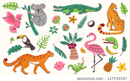 Jungle animals, birds and plants. Tropical nature leaves, flowers and fruits. Exotic reptiles crocodile, chameleon and lizard. Cartoon koala and leopards, flamingo and toucan vector illustration set 127538587