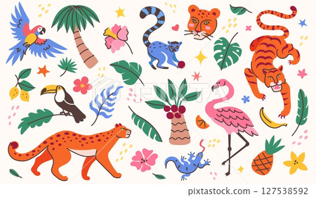 Tropical animals and plants doodles. Jungle wildlife cartoon tiger, leopard, parrot, toucan, flamingo and monkey, exotic palm trees, monstera leaves and flowers. Exotic vector illustration set Tropical animals and plants doodles. Jungle wildlife cartoon tiger, leopard, parrot, toucan, flamingo and monkey, exotic palm trees, monstera leaves and flowers. Exotic vector illustration set 127538592