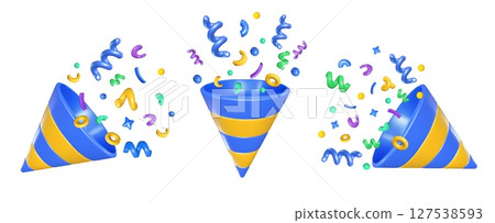 Party popper 3d icon. Birthday confetti explosion from striped cone shape, celebration symbol for congratulation or holiday event designs. Isolated vector set 127538593