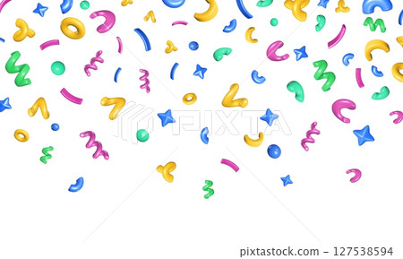 Falling confetti background. Colorful 3D geometric shapes of floating swirl squiggles, curves, stars and circles. Decorative multicolor abstract vector illustration 127538594