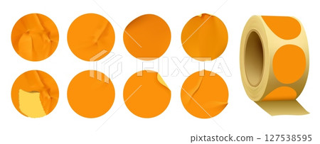 Round paper stickers. Crumpled paper circle, wrinkled and ripped sticker template for price tag or label design. Orange circular labels on tape roll isolated vector set 127538595