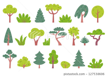 Trees and bushes. Simple deciduous and pine trees and shrubs. Cartoon tree with green leafy crown. Vector elements for forest, park and garden landscape, nature greenery Trees and bushes. Simple deciduous and pine trees and shrubs. Cartoon tree with green leafy crown. Vector elements for forest, park and garden landscape, nature greenery 127538606