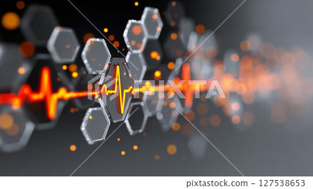 Digital Pulse. Abstract image of a glowing pulse line intersecting hexagons. 127538653